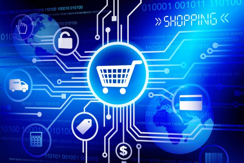 A shopping cart on a blue background.